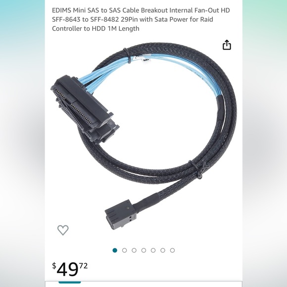 EDIMS Mini SAS to SAS Cable Breakout  HD SFF-8643 to SFF-8482 29Pin Sata Power - Picture 1 of 10